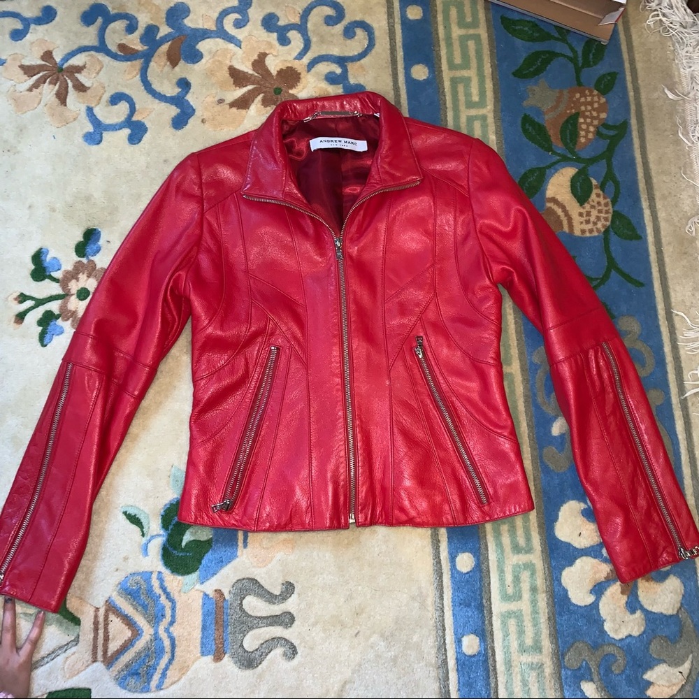 Red leather jacket by Andrew Marc.